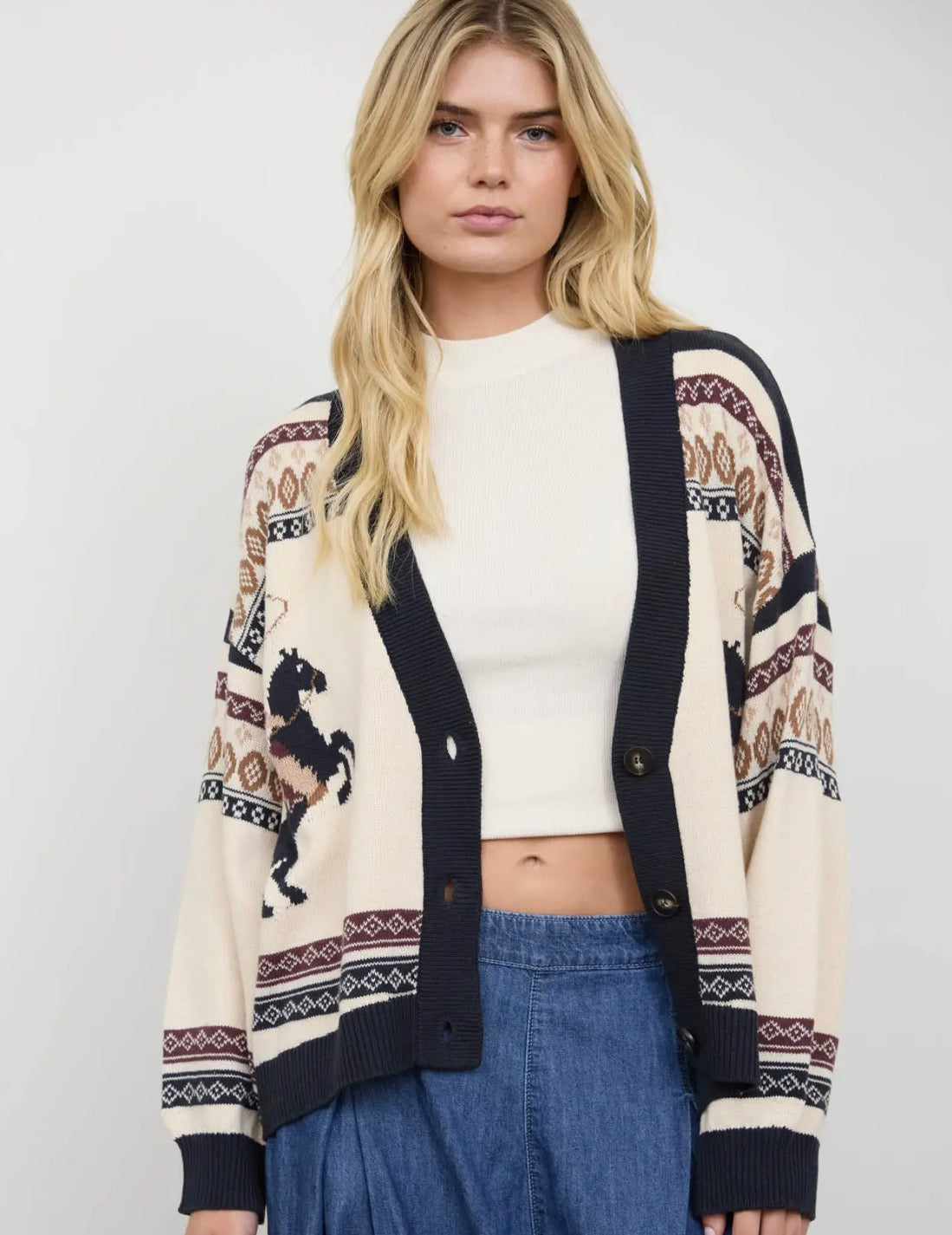 Cowboy Patterned Cardigan Sweater