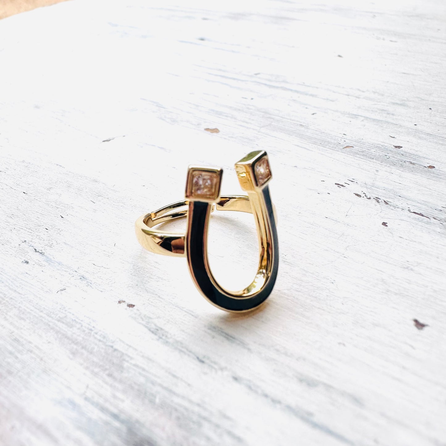 Gold & Black Inlay Horseshoe Adjustable Ring