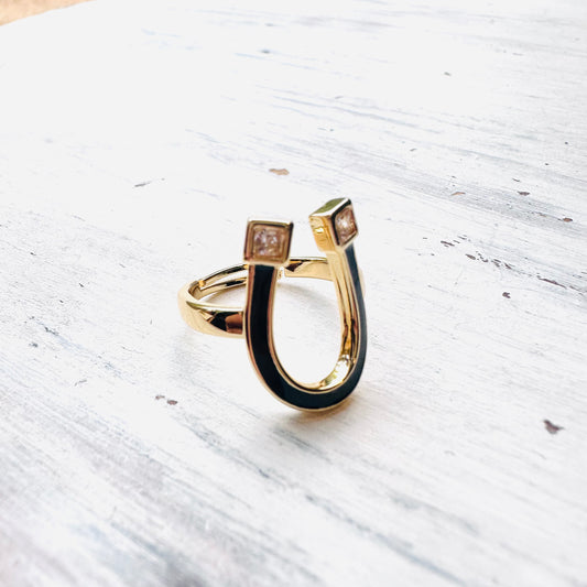 Gold & Black Inlay Horseshoe Adjustable Ring