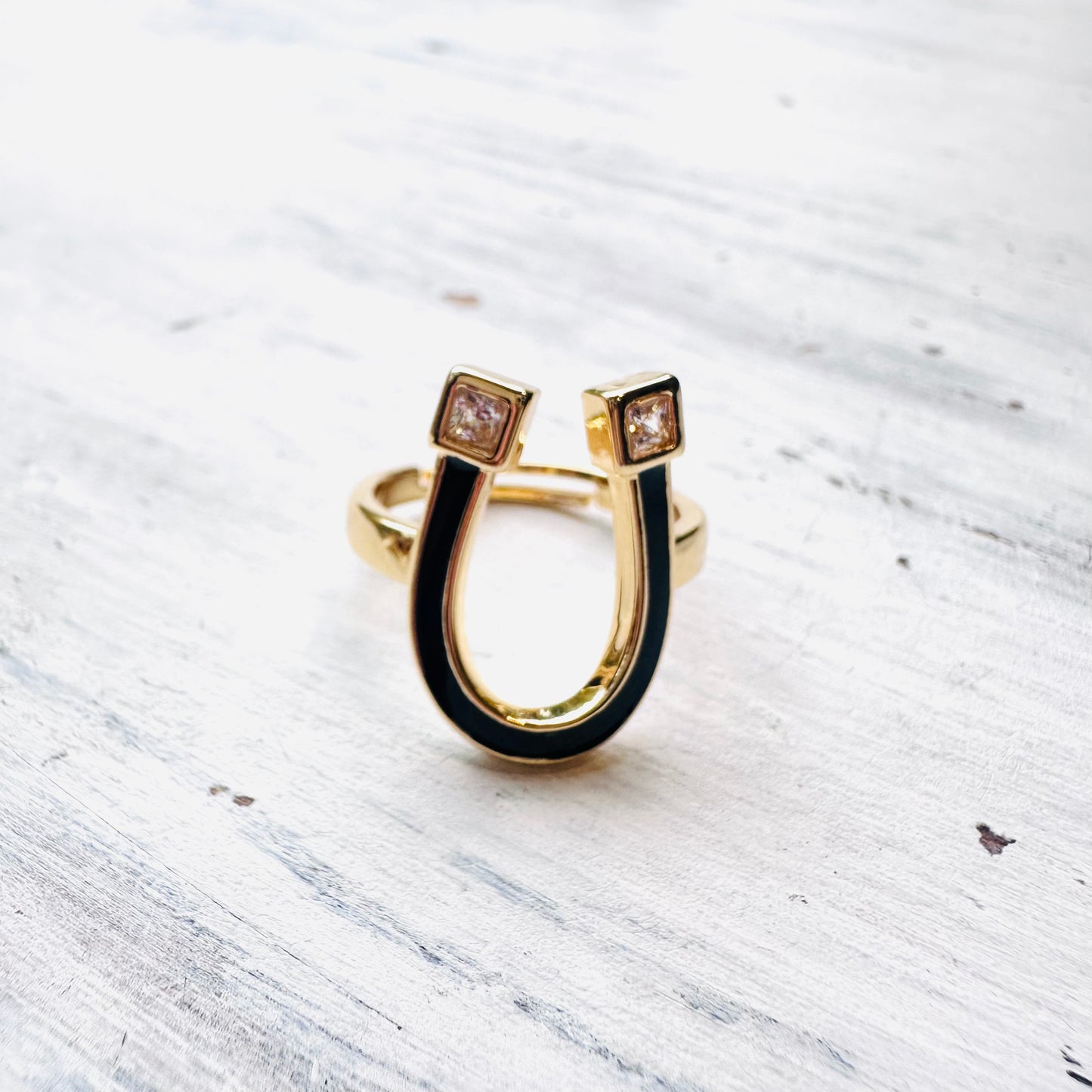 Gold & Black Inlay Horseshoe Adjustable Ring