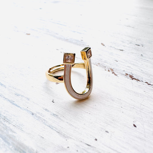 Gold & White Inlay Horseshoe Adjustable Ring