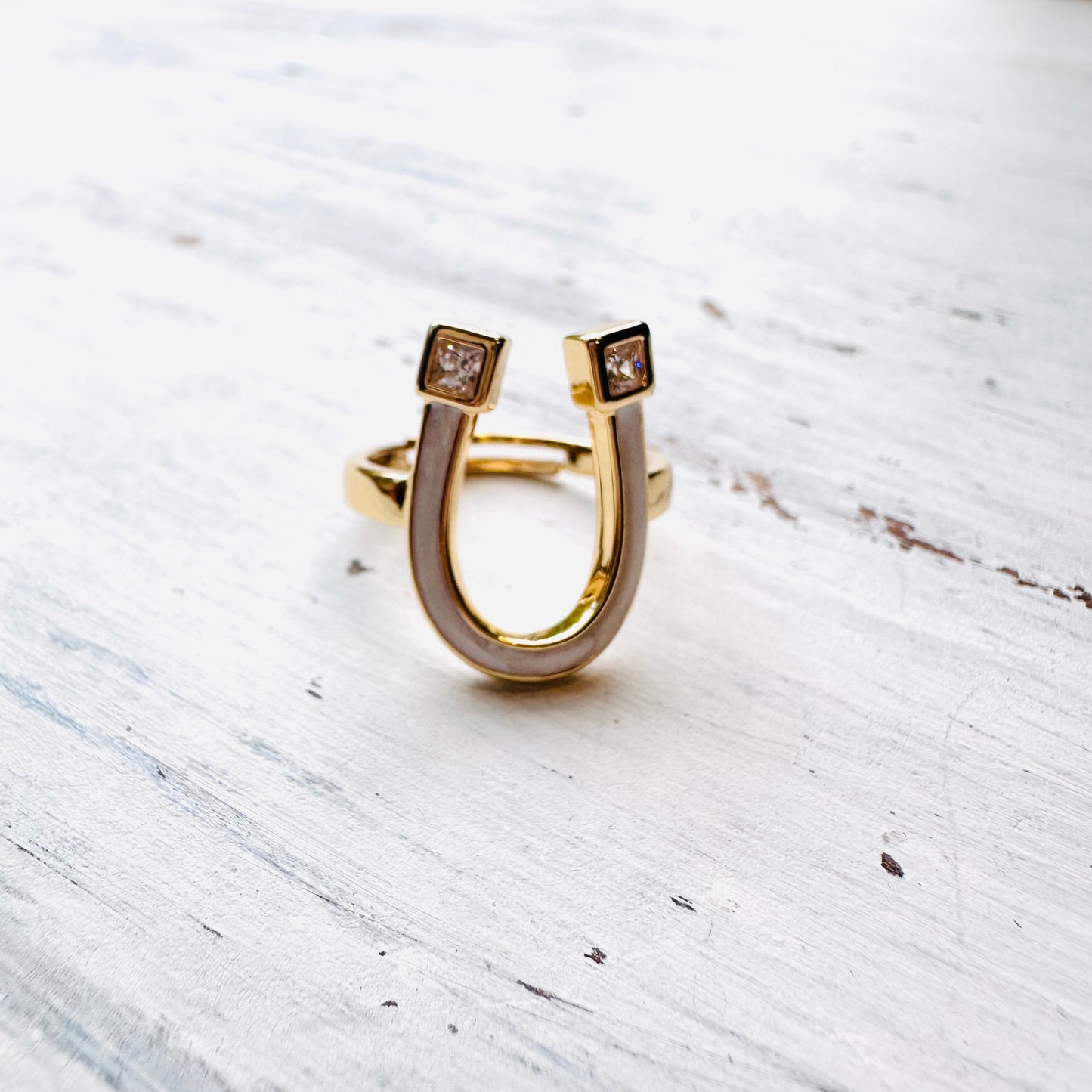 Gold & White Inlay Horseshoe Adjustable Ring