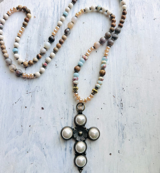 34" Neutral Beaded Necklace & Pearl Cross Pendant