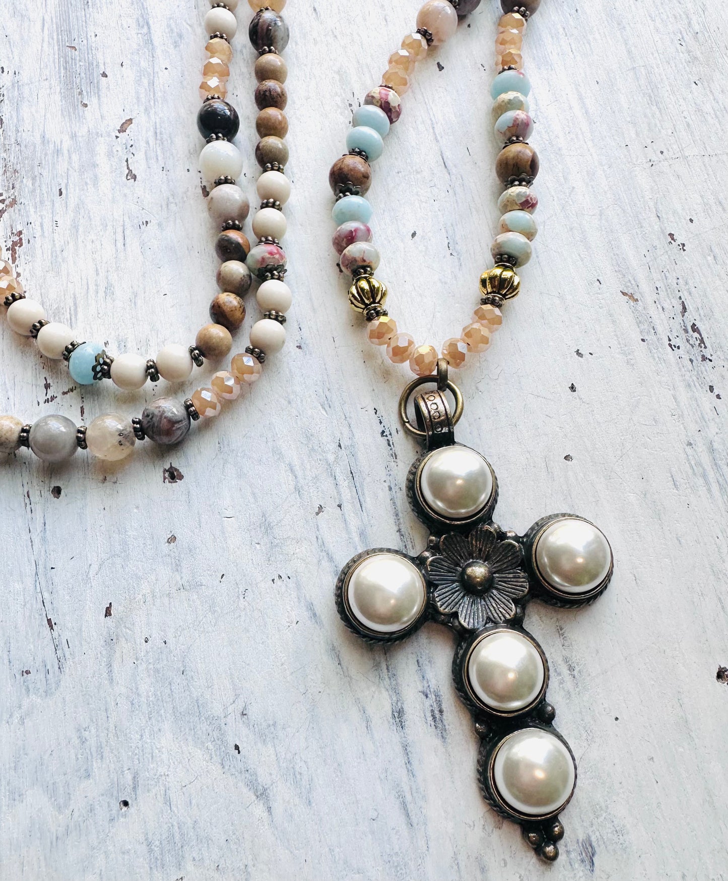 34" Neutral Beaded Necklace & Pearl Cross Pendant