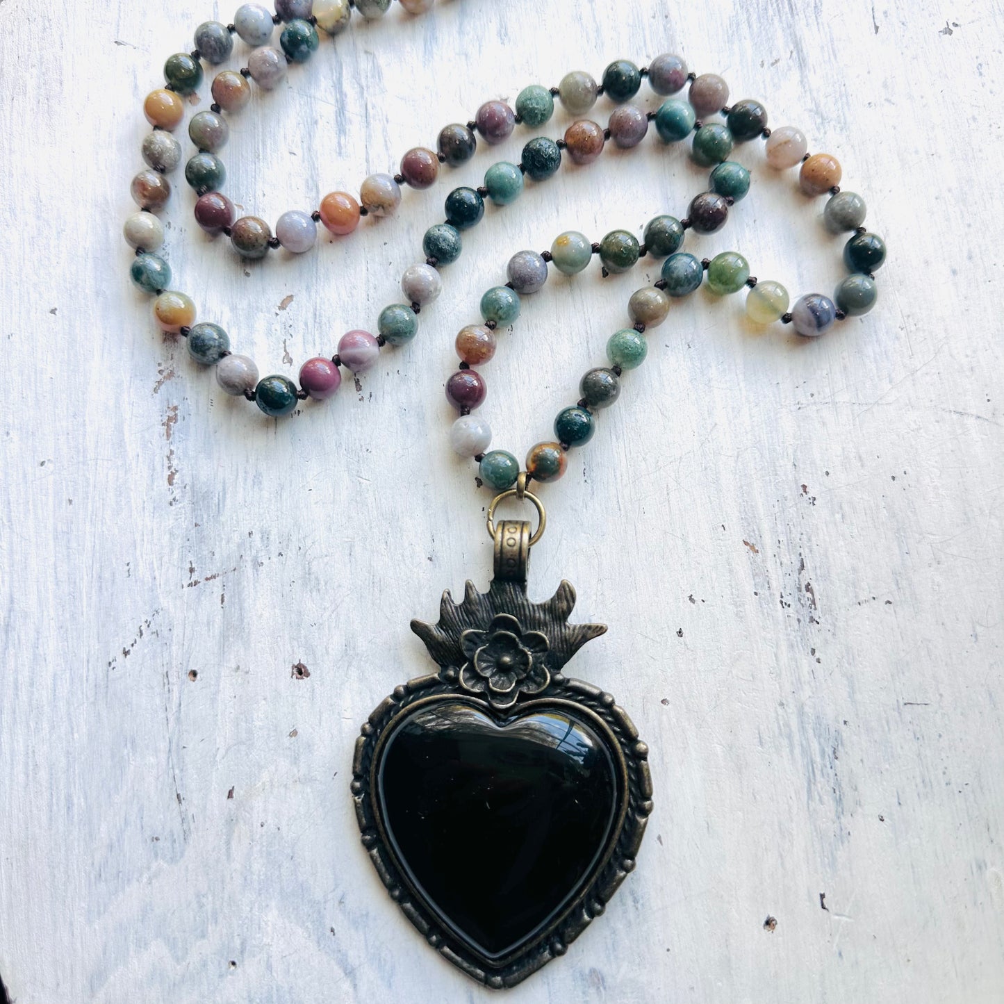 34" Beaded Necklace & Black Stone Heart Pendant