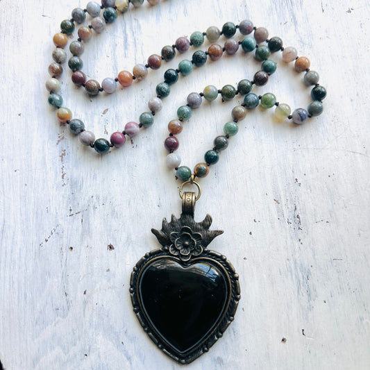 34" Beaded Necklace & Black Stone Heart Pendant