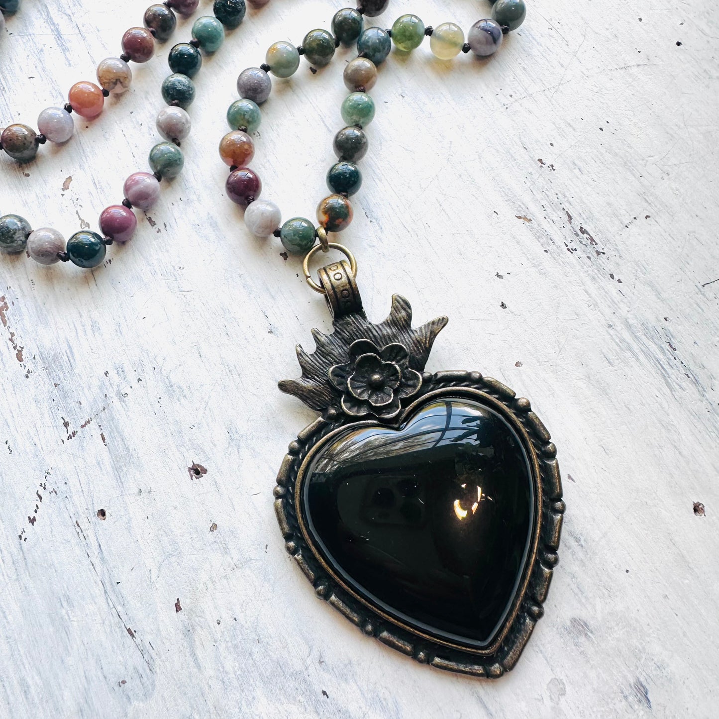 34" Beaded Necklace & Black Stone Heart Pendant