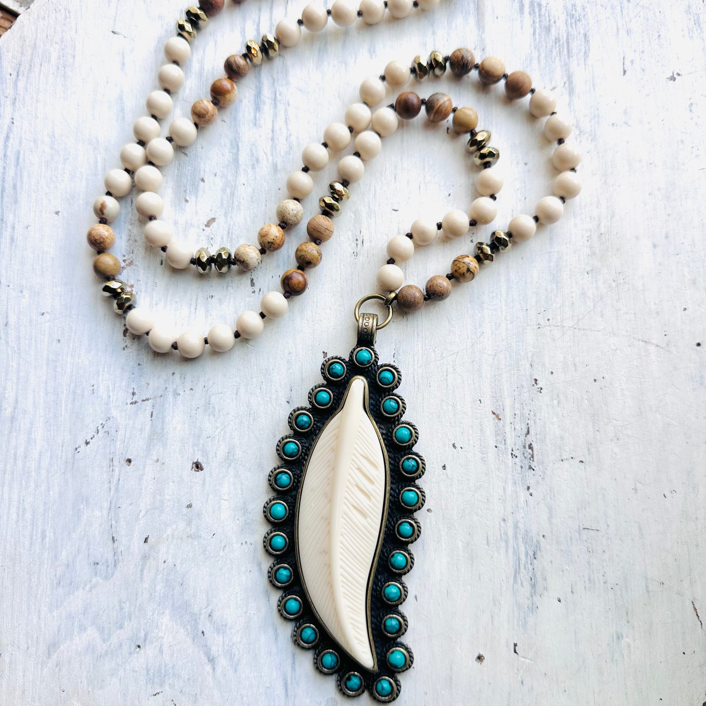 34" Neutral Beaded Necklace & Ivory Feather Pendant