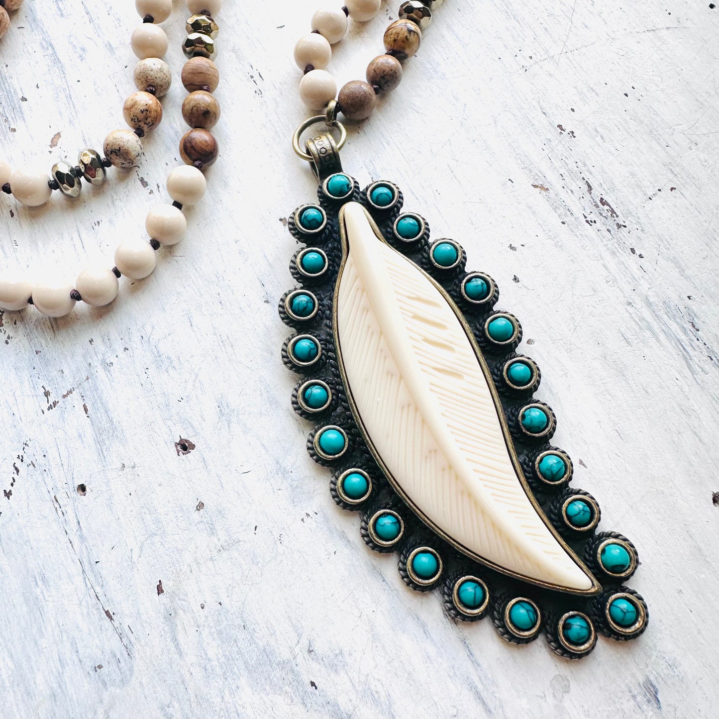 34" Neutral Beaded Necklace & Ivory Feather Pendant