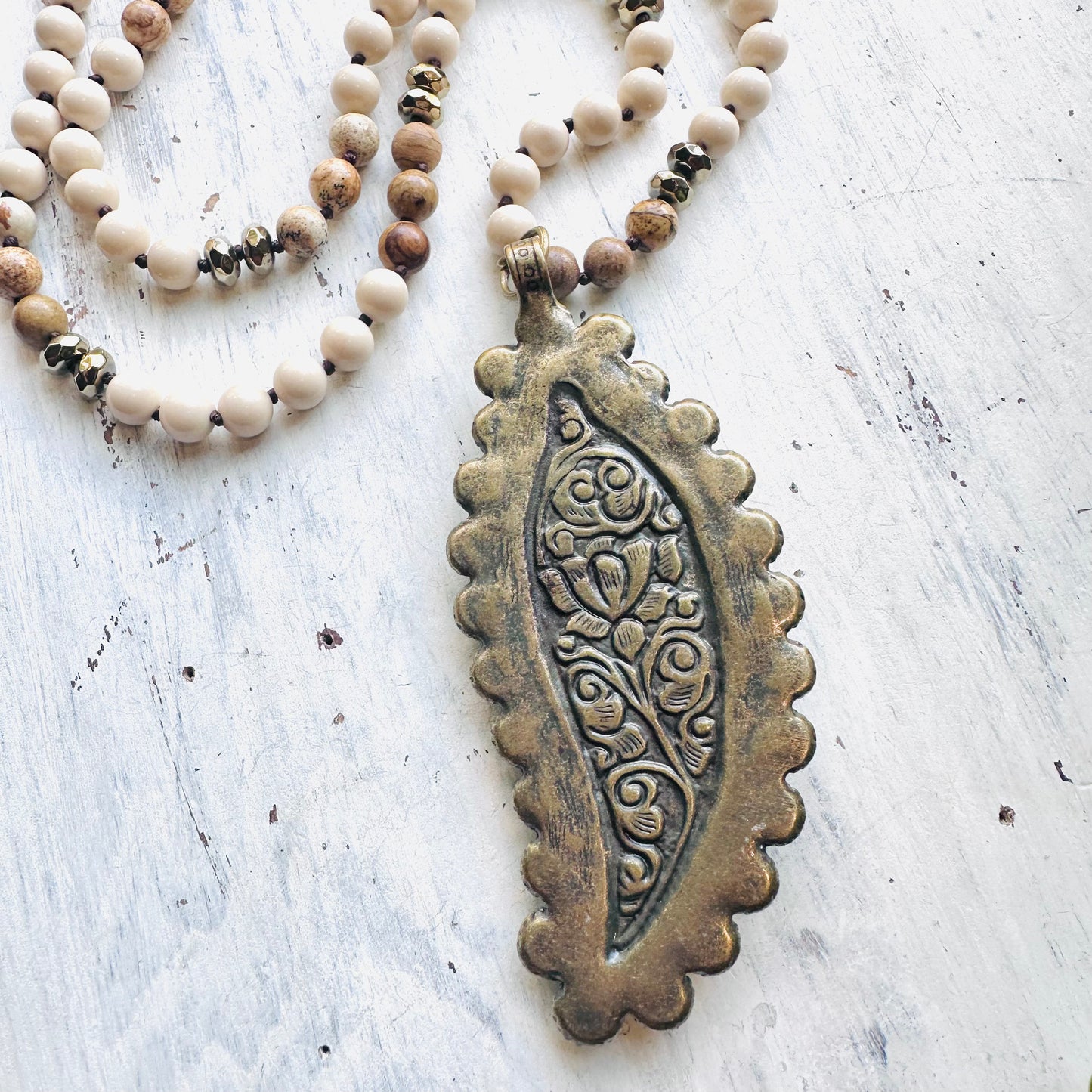 34" Neutral Beaded Necklace & Ivory Feather Pendant