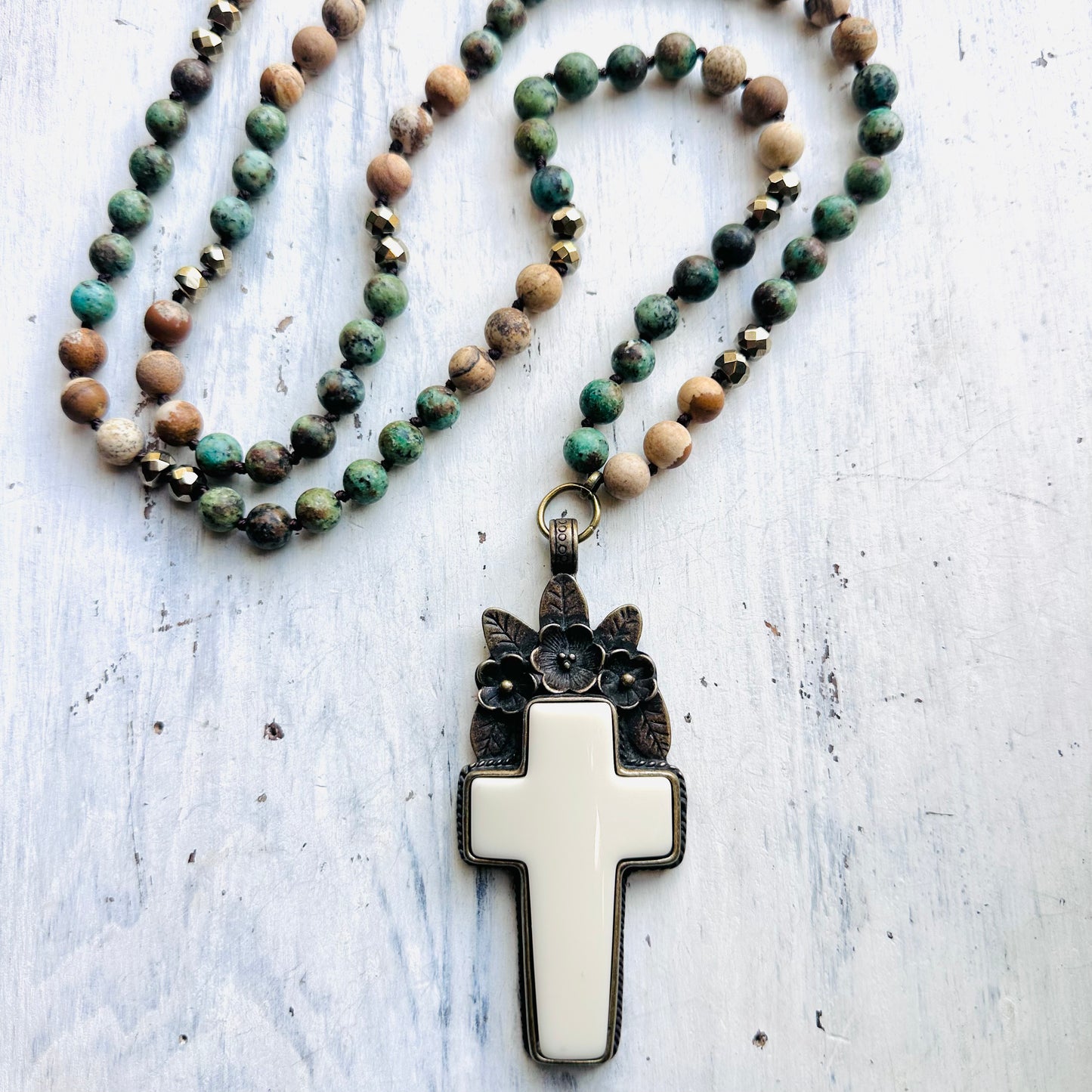 34" Neutral & Turquoise Jasper Bead Necklace with Ivory Cross Pendant