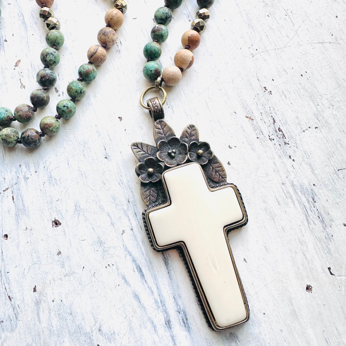 34" Neutral & Turquoise Jasper Bead Necklace with Ivory Cross Pendant