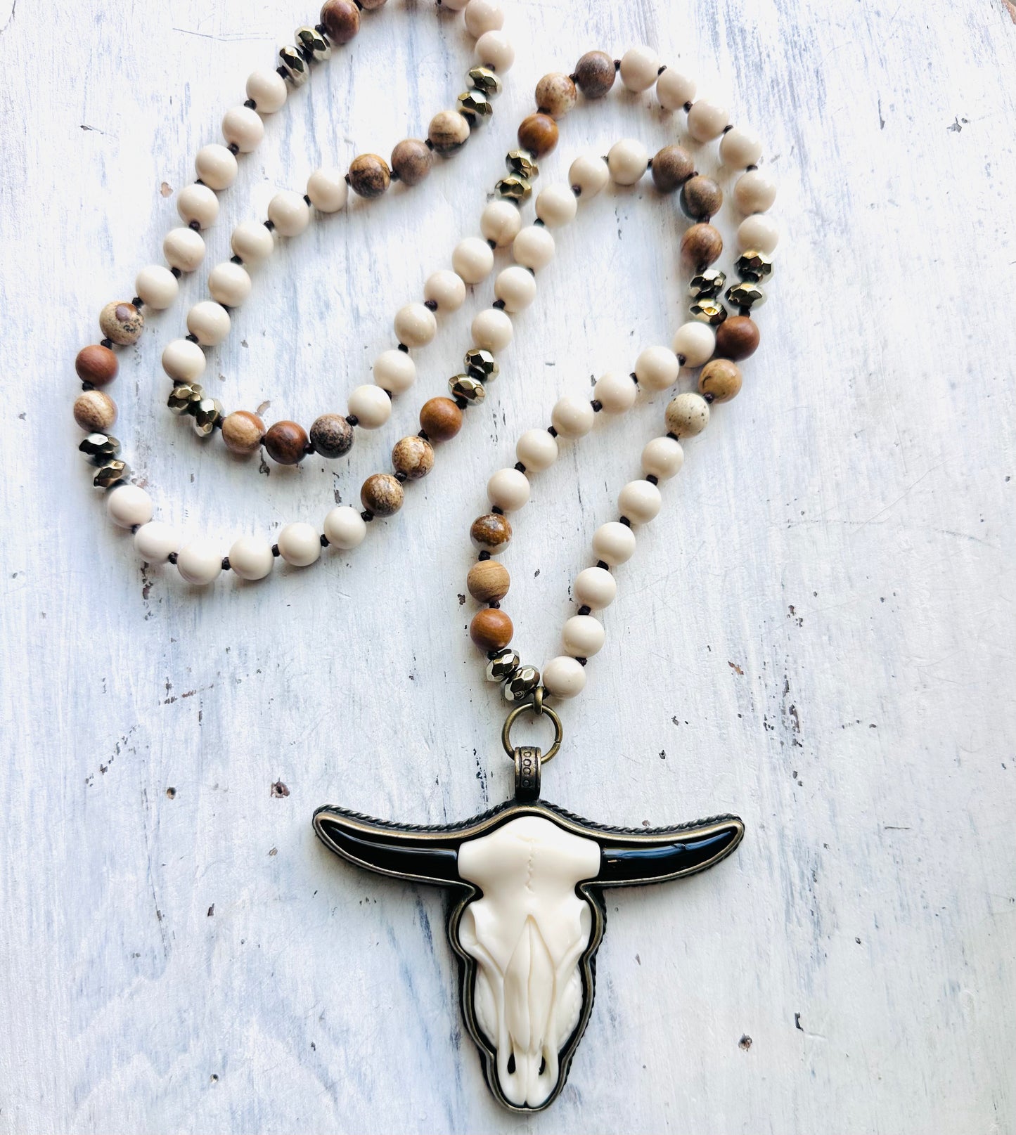34" Neutral Beaded Necklace & Steer Pendant