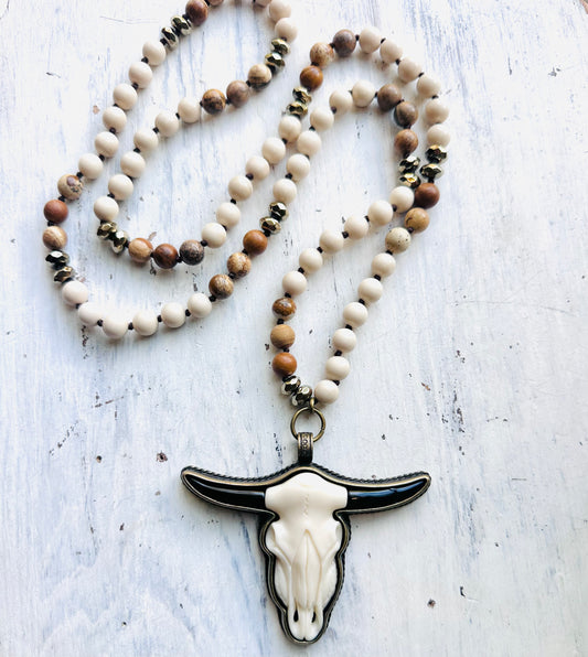 34" Neutral Beaded Necklace & Steer Pendant