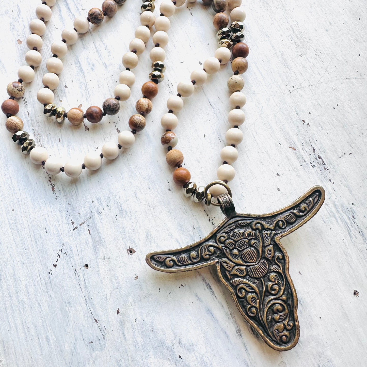 34" Neutral Beaded Necklace & Steer Pendant