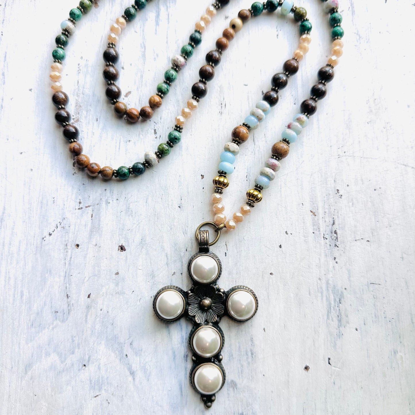 34" Rich Neutral & Turquoise Beaded Necklace with Ivory Cross Pendant