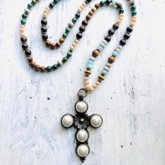 34" Rich Neutral & Turquoise Beaded Necklace with Ivory Cross Pendant