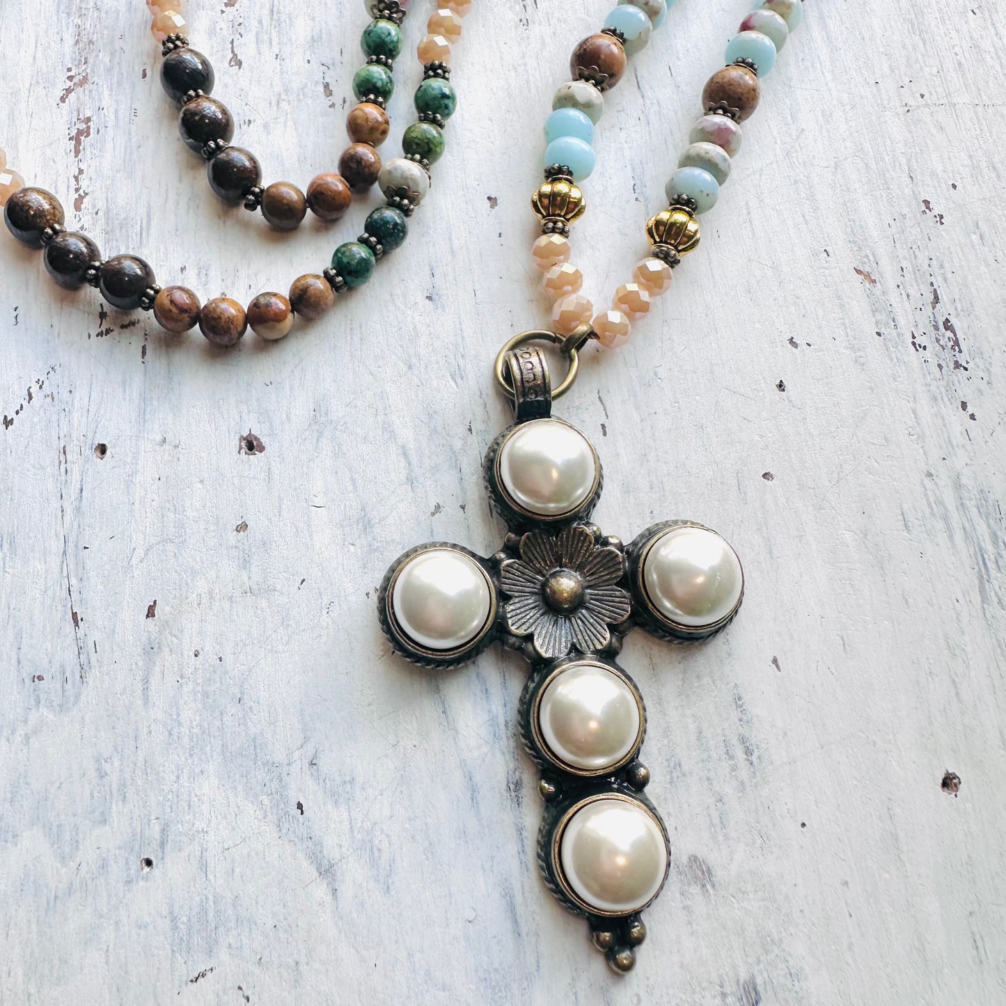 34" Rich Neutral & Turquoise Beaded Necklace with Ivory Cross Pendant
