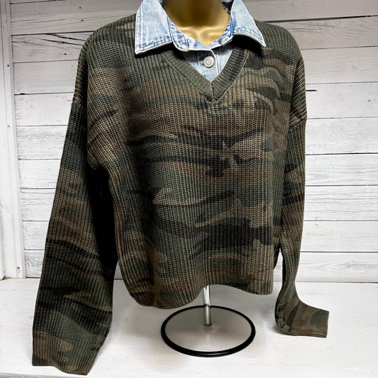 Denim Collared Camo Print V-Neck Sweater