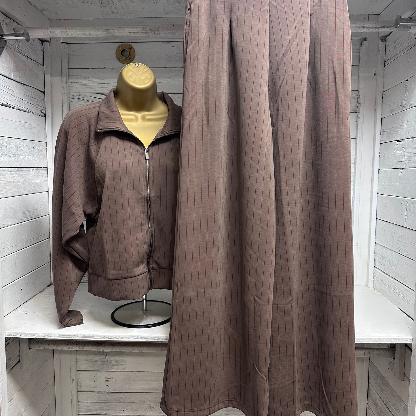 Taupe-Brown Pinstripe Raglan Top & Pant Set