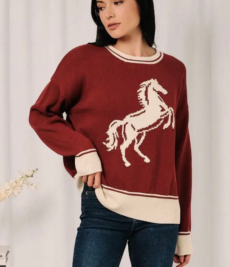 Horse Knit Sweater in Burgundy