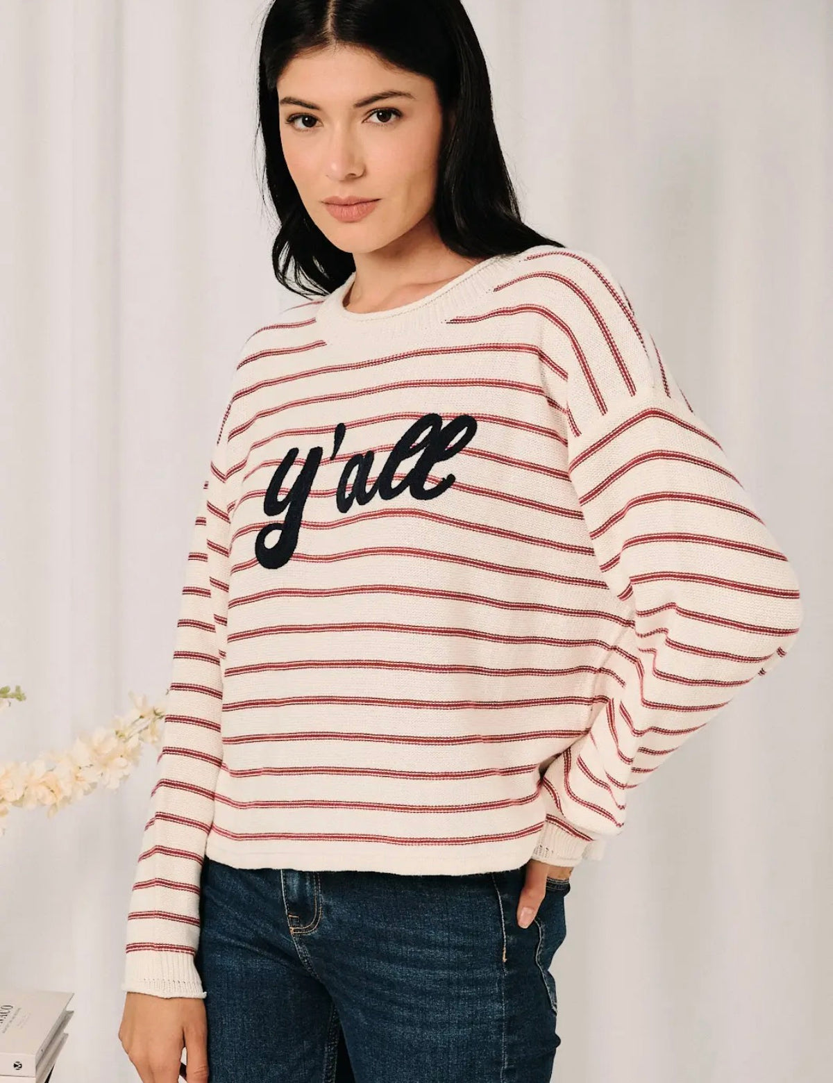 Roll up Neck "Y'all" Chainstitch Stripe Sweater
