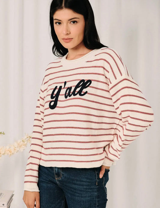 Roll up Neck "Y'all" Chainstitch Stripe Sweater