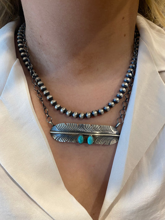 Authentic Silver & Turquoise Stone Feather Necklace.