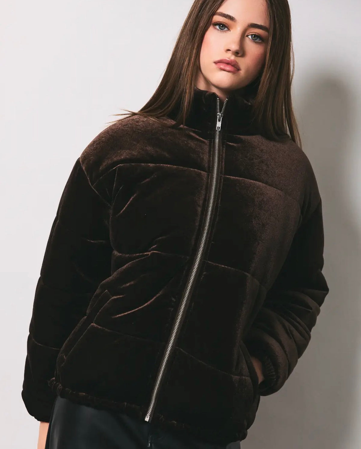 Velvet High Neck Zip Puffer Jacket