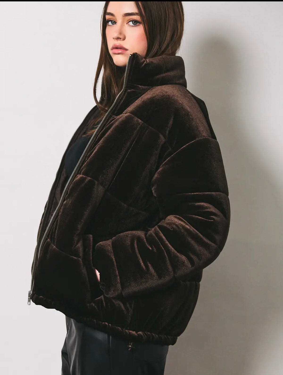Velvet High Neck Zip Puffer Jacket