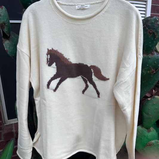 Horse Jacquard  Rolled Edge Sweater