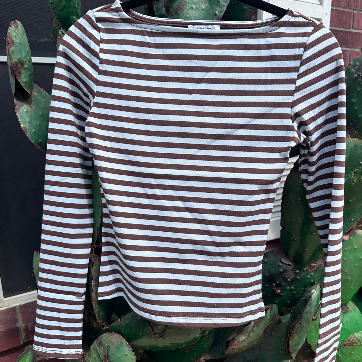 Boat Neck Striped Knit Top- Dusty Blue