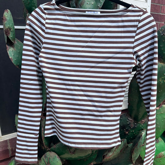 Boat Neck Striped Knit Top- Dusty Blue