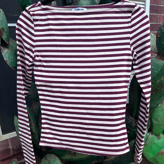 Boat Neck Striped Knit Top- Pink