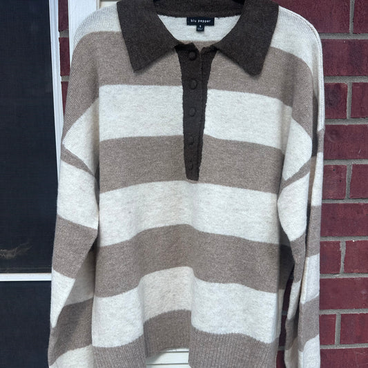 Mocha & Cream Striped Collared Polo Sweater
