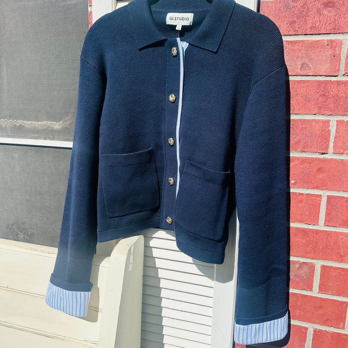 Collard Contrast Trim Flap Pocket Cardigan