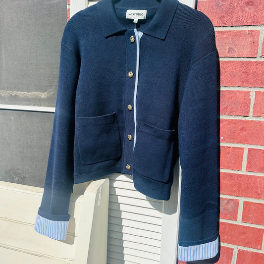 Collard Contrast Trim Flap Pocket Cardigan
