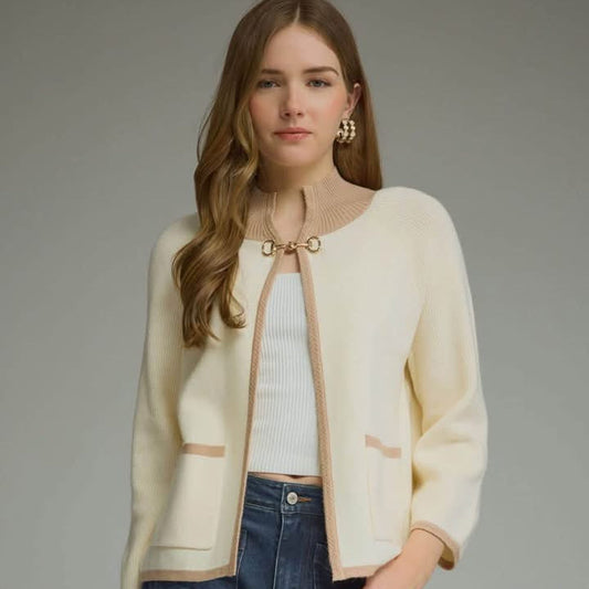 Cream & Contrasting Trim Bit Closure Knit Sweater