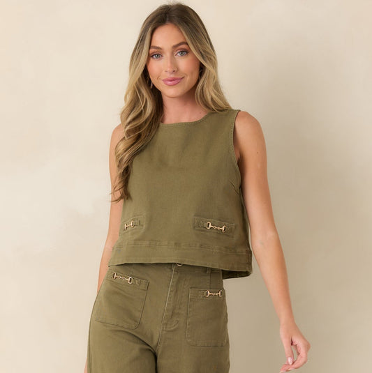Olive Horsebit Sleeveless Denim Top