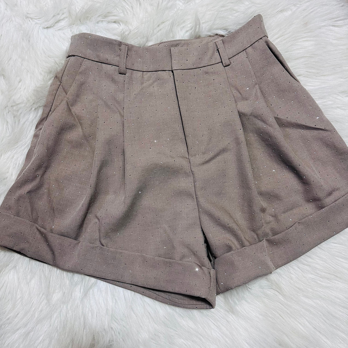 Mocha Rhinestone Cuffed Trouser Shorts