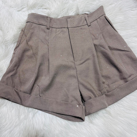 Mocha Rhinestone Cuffed Trouser Shorts