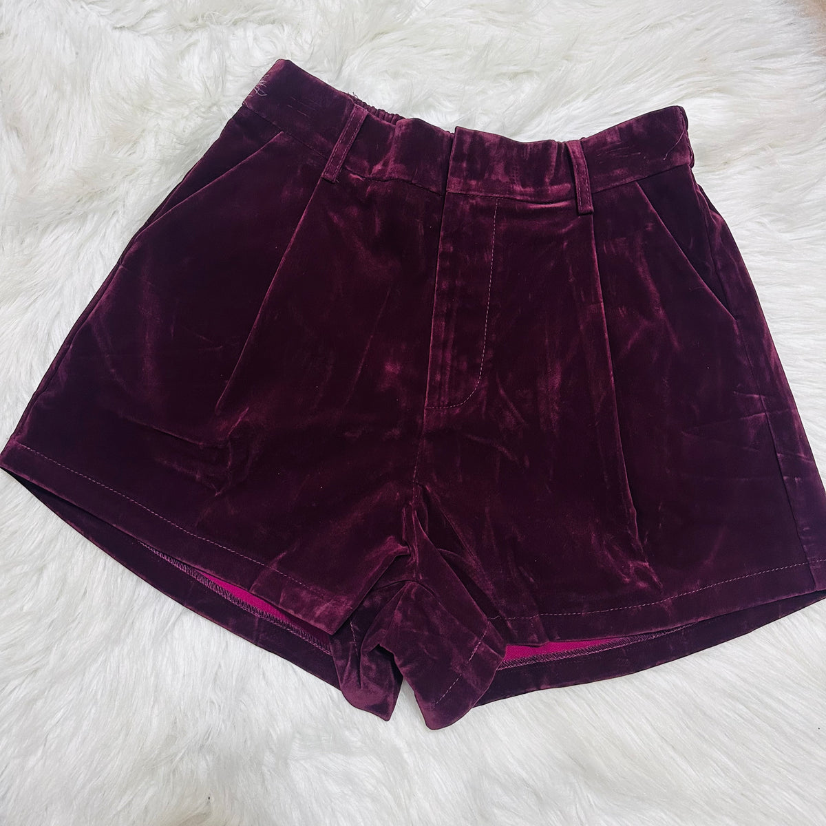 Burgundy High Waist Pleated Velvet Shorts