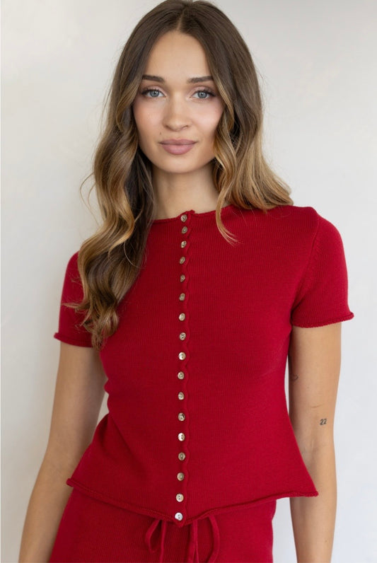 Berry Red Knit Button Up & Pant Set
