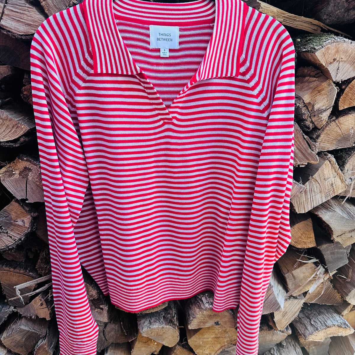 Red Striped Long Sleeve Collared Top