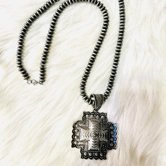 Pewter Disc Beads & Block Cross Pendant Necklace