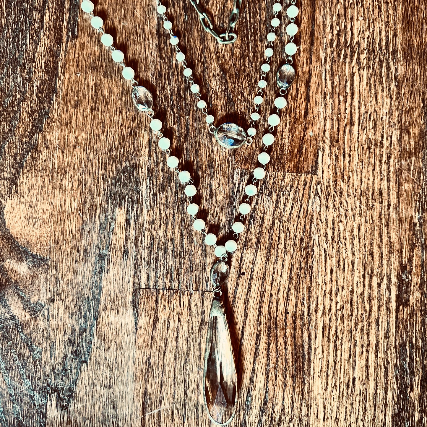 Cream Beaded Layered Necklace with Teardrop Pendant