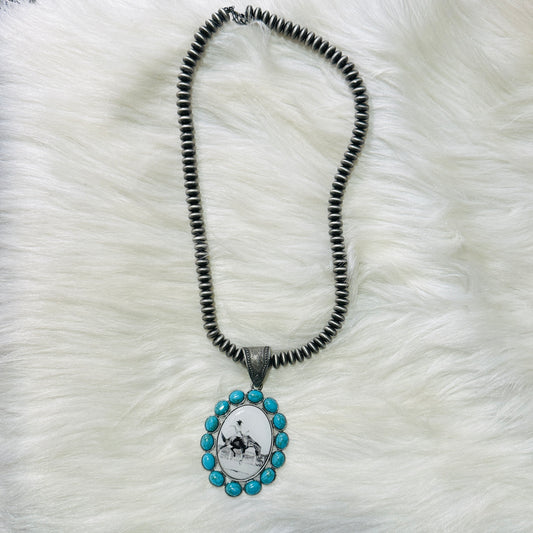 Bronc & Turquoise Pewter Beaded Necklace
