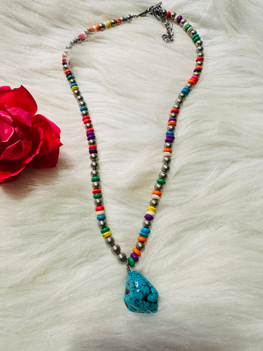 Multicolored Beaded Necklace & Turquoise Stone