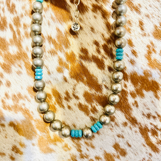 Large Silver Beads & Turquoise Accented Necklace