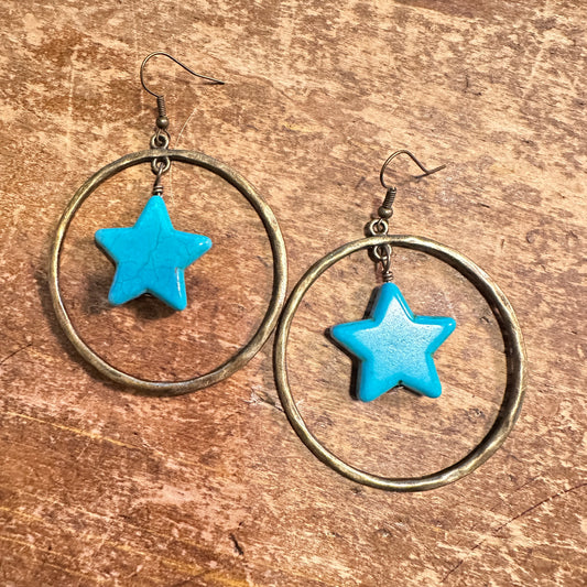 Bronze Hoop & Turquoise Star Dangle Earrings